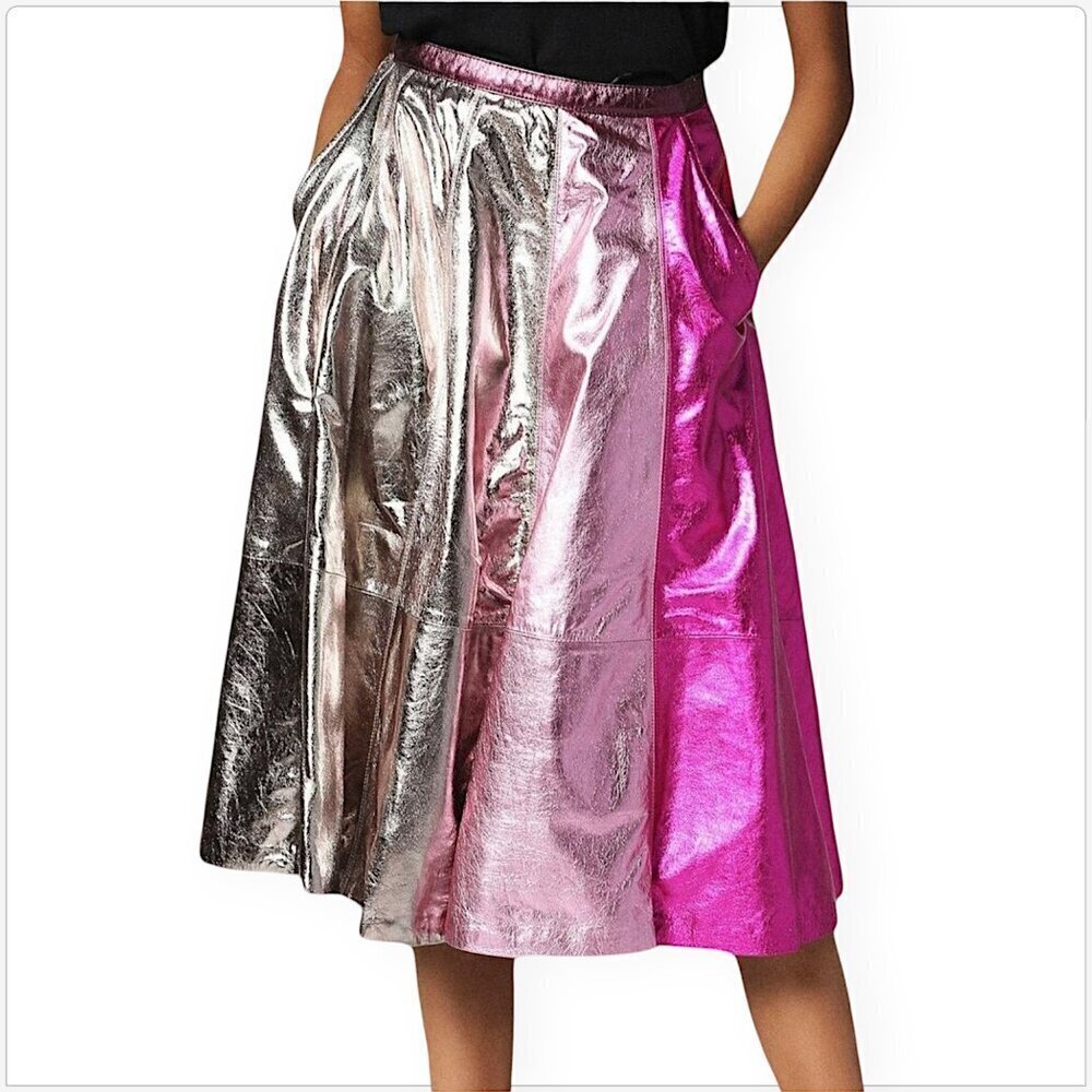 Diesel L-Tracey Gonna Fuchsia Metallic Color Block Leather Skirt New NWT Size 25 - Picture 3 of 7